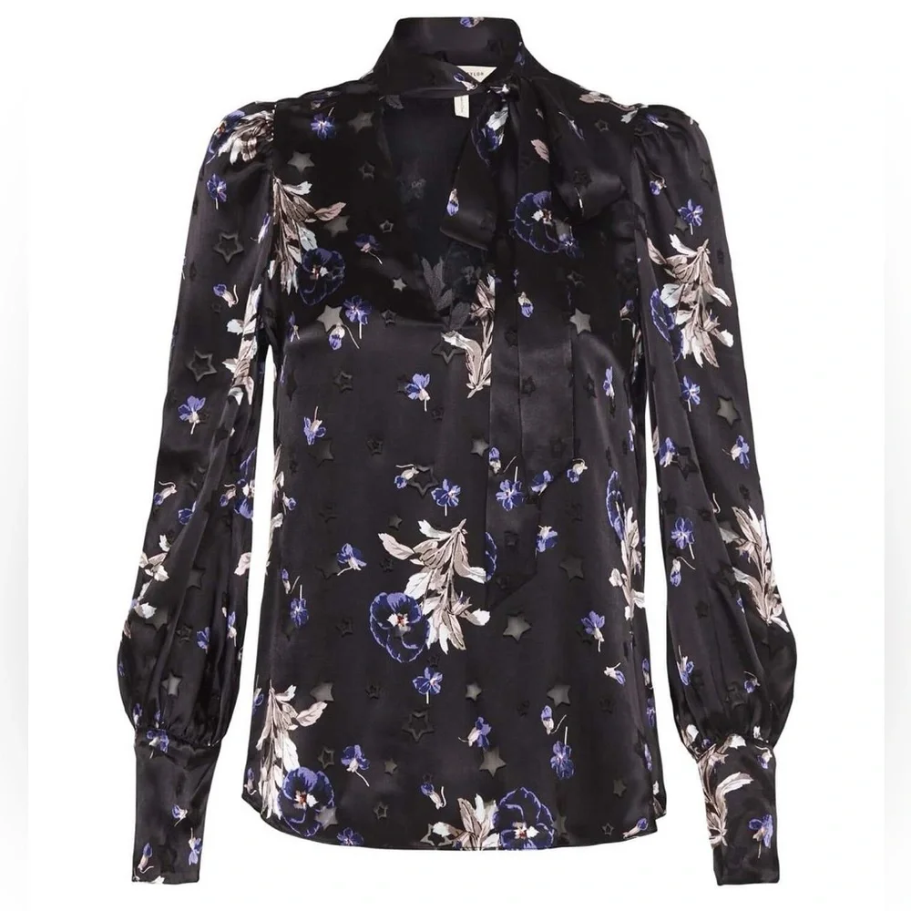 Rebecca Taylor Satin Burnout Scarf Neck Top - Violet Floral Size 4 - Picture 4 of 14